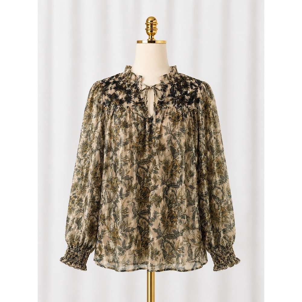 Farmers Market Boho Popover Top Gold Metallic Lurex Black Embroidery Size Small